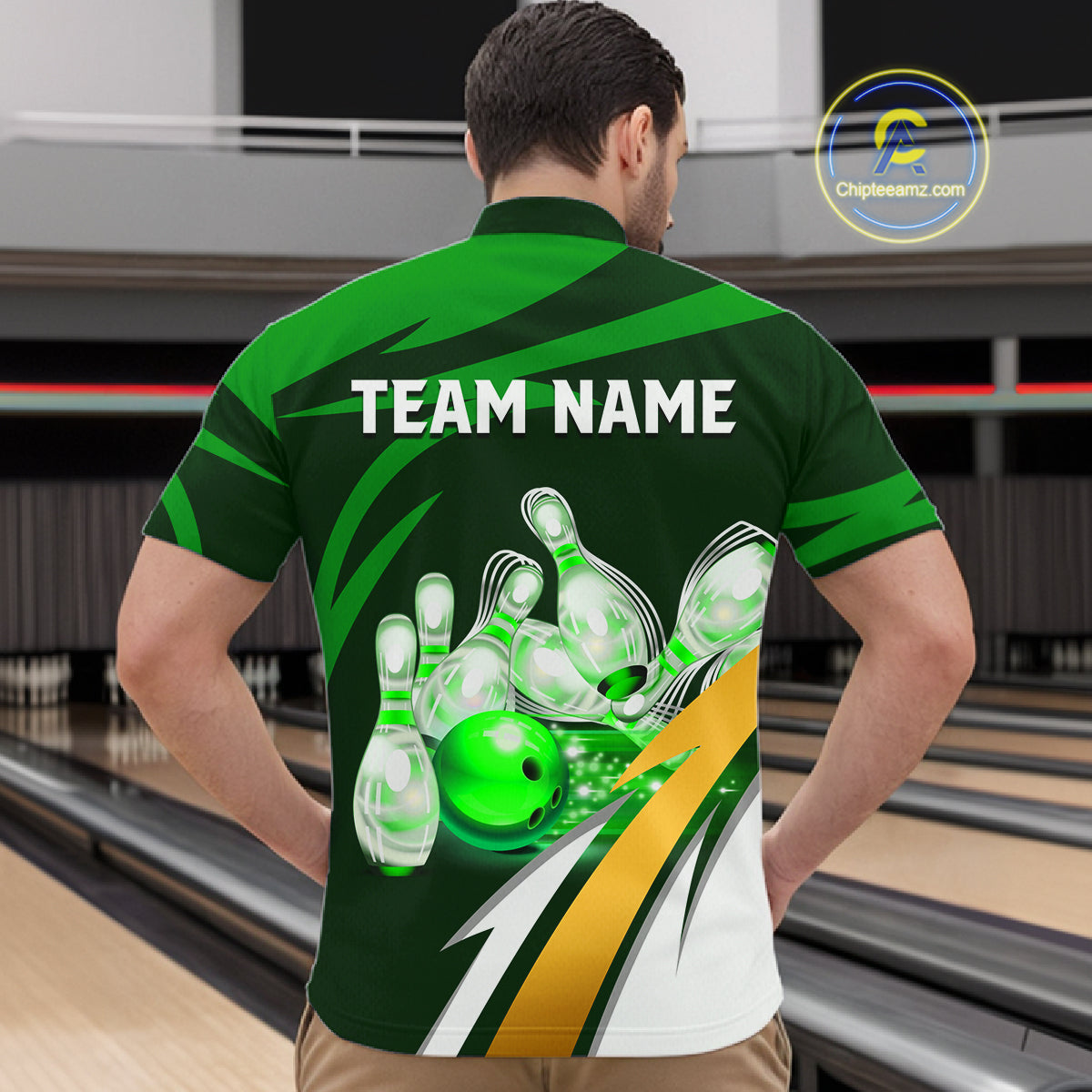 Man wearing personalized green strike ball bowling team jersey quarter zip shirt featuring green strike ball artwork, back view.