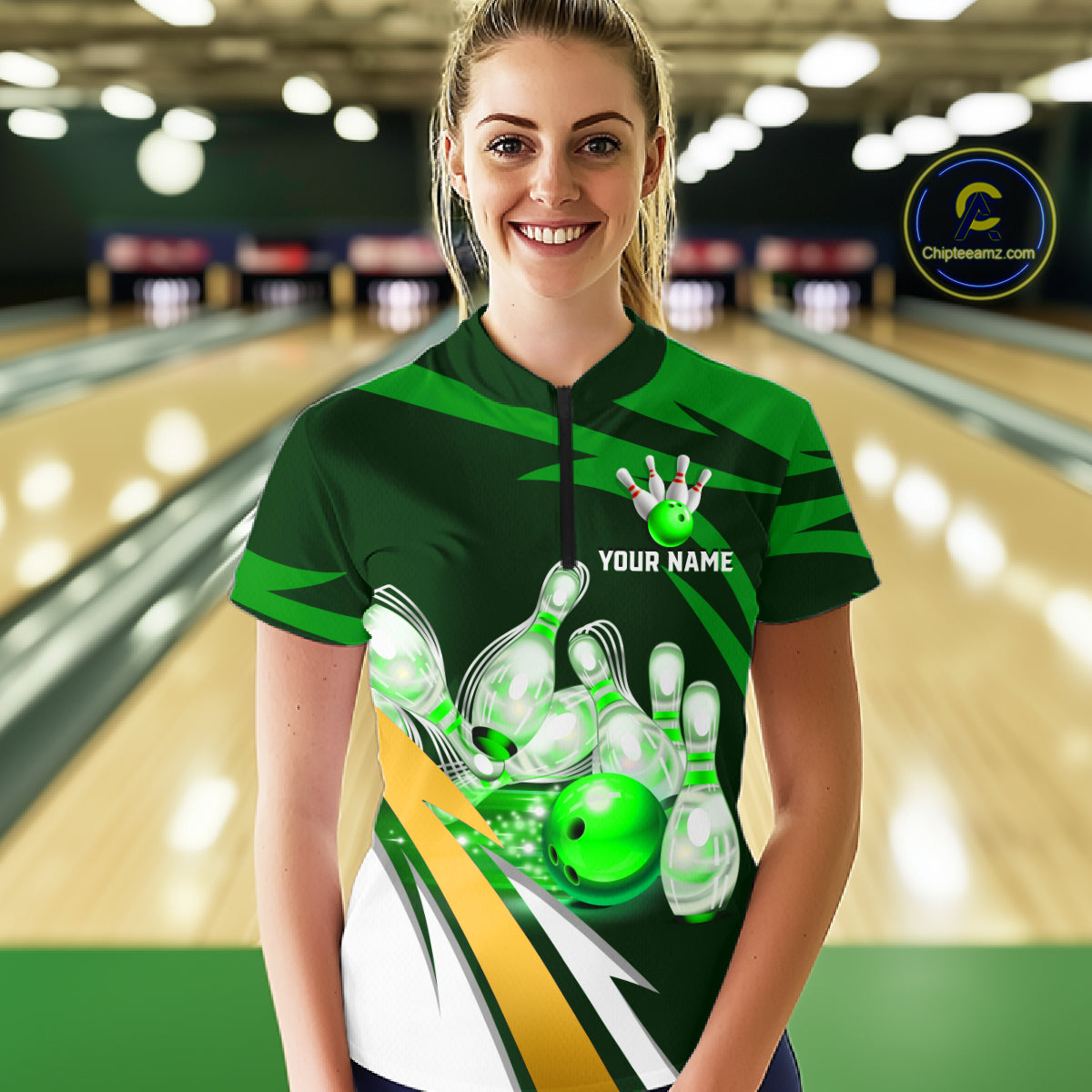 Woman wearing personalized green strike ball bowling team jersey quarter zip shirt featuring green strike ball artwork, front view.