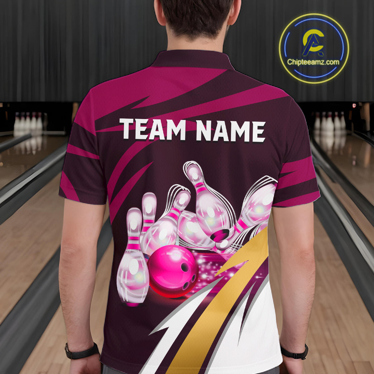 Man wearing personalized pink strike ball bowling team jersey polo shirt featuring pink strike ball artwork, back view.