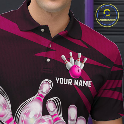 Close-up of personalized pink strike ball bowling team jersey polo shirt featuring collar, buttons and pink strike ball artwork.
