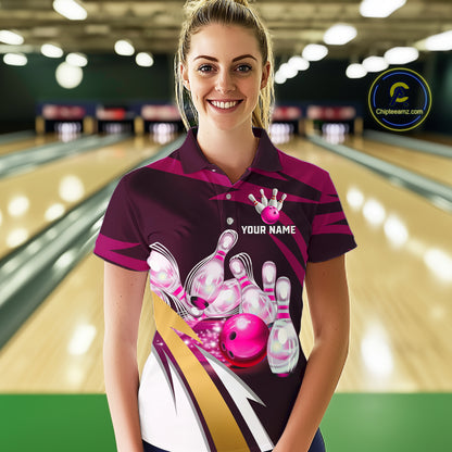 Woman wearing personalized pink strike ball bowling team jersey polo shirt featuring pink strike ball artwork, front view.