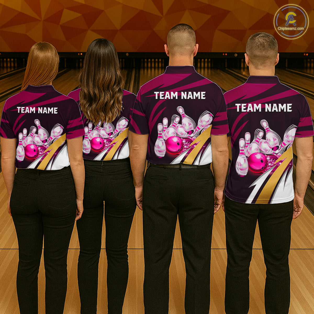 Bowling team wearing matching personalized pink strike ball bowling team jerseys, back view.