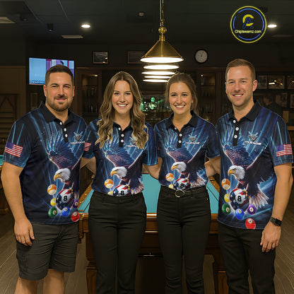 Blue 8 Ball US Flag Eagle Lightning Billiard Shirt For Men Custom Pool Team Jersey Polo & 1/4 Zip TDM5375