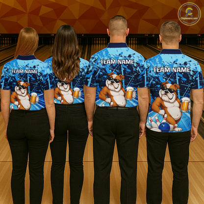 Blue Funny Bulldog Bowling Beer Polo & 1/4 Zip Shirts For Men Custom Bowling Team Jersey TDM6473