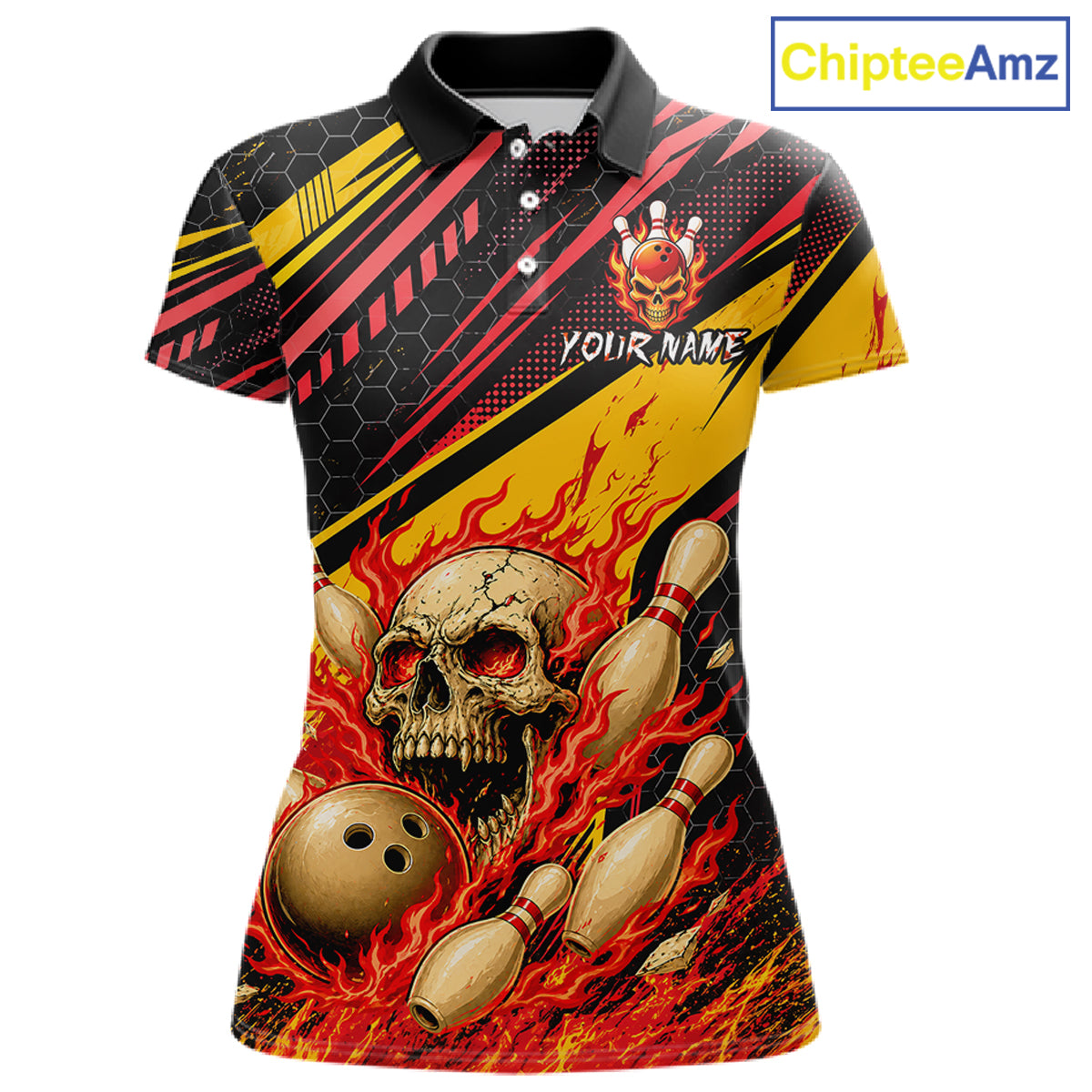 Red & Yellow Flaming Skull Bowling Jersey For Women Custom Bowling League Shirts Team Polo & 1/4 Zip TDM6476