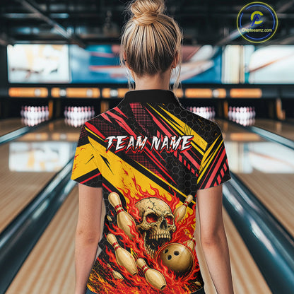 Red & Yellow Flaming Skull Bowling Jersey For Women Custom Bowling League Shirts Team Polo & 1/4 Zip TDM6476