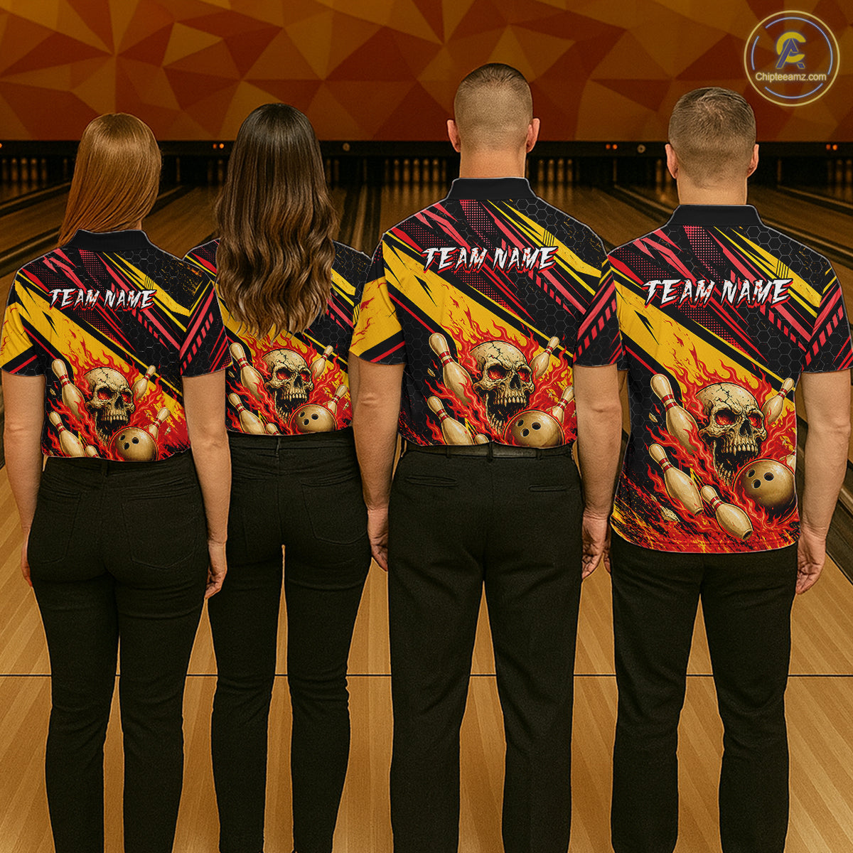 Red & Yellow Flaming Skull Bowling Jersey For Women Custom Bowling League Shirts Team Polo & 1/4 Zip TDM6476