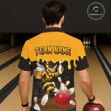 Load image into Gallery viewer, Male model wearing the Black and Yellow Funny Bee Beer Bowling Hawaiian shirt with funny bee graphics, beer mug, black and yellow tropical bowling design, back view
