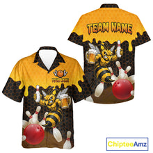 Load image into Gallery viewer, Black and Yellow Funny Bee Beer Bowling Hawaiian shirt mockup featuring front and back views with a funny bee holding a beer mug, black and yellow hexagon pattern and tropical bowling design for men women