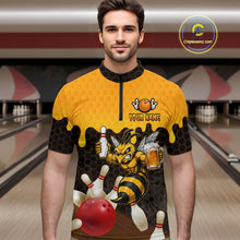 Load image into Gallery viewer, Male model wearing the Black and Yellow Funny Bee Beer Bowling quarter zip shirt with funny bee and beer themed bowling artwork, front view