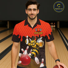 Load image into Gallery viewer, Male model wearing the Black and Red Funny Bee Beer Bowling Hawaiian shirt featuring a funny bee, beer mug, black and red hexagon pattern and tropical bowling artwork, front view