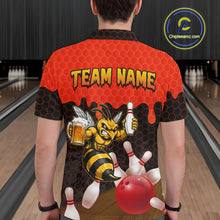 Load image into Gallery viewer, Male model wearing the Black and Red Funny Bee Beer Bowling polo shirt featuring bold red hexagon bowling graphics, back view