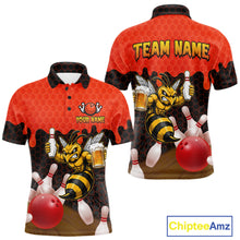 Load image into Gallery viewer, Black and Red Funny Bee Beer Bowling Shirt design featuring a funny bee holding a beer mug with black, red and hexagon pattern on a custom polo bowling shirt for men