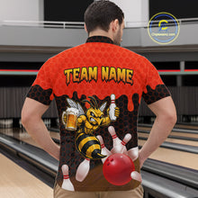 Load image into Gallery viewer, Male model wearing the Black and Red Funny Bee Beer Bowling quarter zip bowling shirt featuring modern red hexagon graphics, back view
