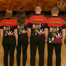 Load image into Gallery viewer, Men's bowling team wearing matching Black and Red Funny Bee Beer Bowling shirts, back view