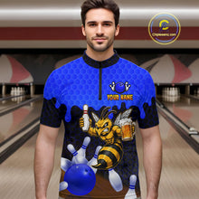 Load image into Gallery viewer, Male model wearing the Black and Blue Funny Bee Beer Bowling quarter zip shirt with funny bee and beer themed bowling artwork, front view