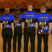 Load image into Gallery viewer, Men's bowling team wearing matching Black and Blue Funny Bee Beer Bowling shirts, back view