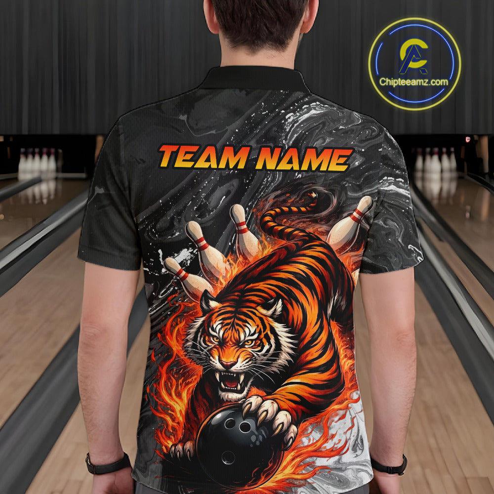 Personalized Flame Tiger Bowling Shirt For Men Custom Bowling League Team Jersey Polo & 1/4 Zip TDM6295