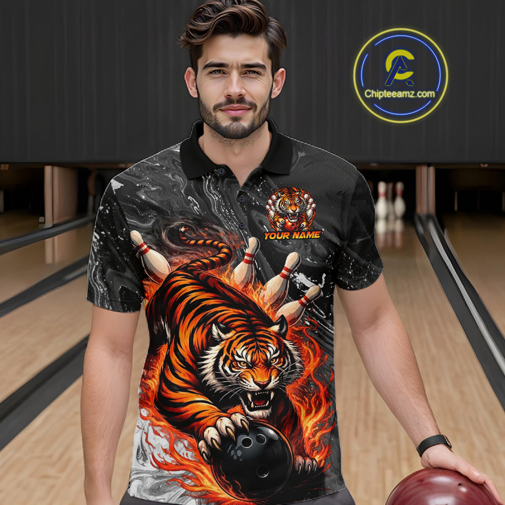 Personalized Flame Tiger Bowling Shirt For Men Custom Bowling League Team Jersey Polo & 1/4 Zip TDM6295