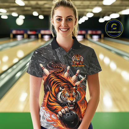 Personalized Flame Tiger Bowling Shirt For Women Custom Bowling League Team Jersey Polo & 1/4 Zip TDM6295