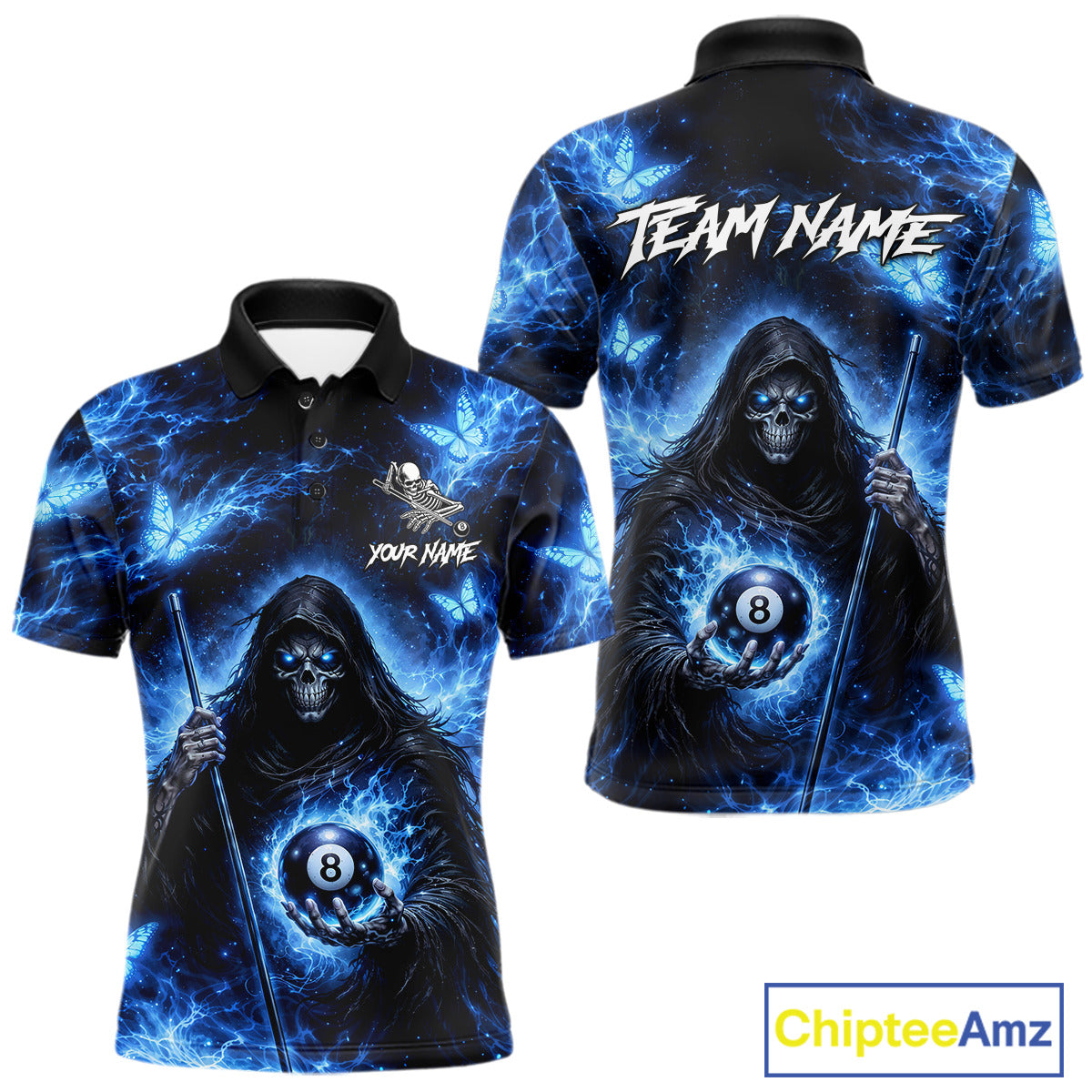 Blue Grim Reaper Butterfly Billiard Shirt For Men Custom 8 Ball Pool Team Jersey Polo & 1/4 Zip TDM6299