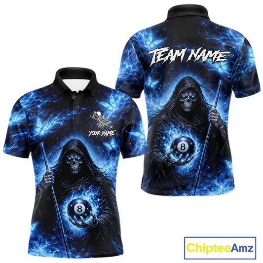 Blue Grim Reaper Butterfly Billiard Shirt For Men Custom 8 Ball Pool Team Jersey Polo & 1/4 Zip TDM6299