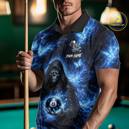 Blue Grim Reaper Butterfly Billiard Shirt For Men Custom 8 Ball Pool Team Jersey Polo & 1/4 Zip TDM6299