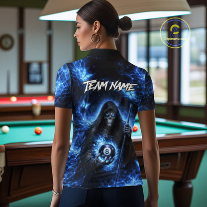 Blue Grim Reaper Butterfly Billiard Shirt For Women Custom 8 Ball Pool Team Jersey Polo & 1/4 Zip TDM6299
