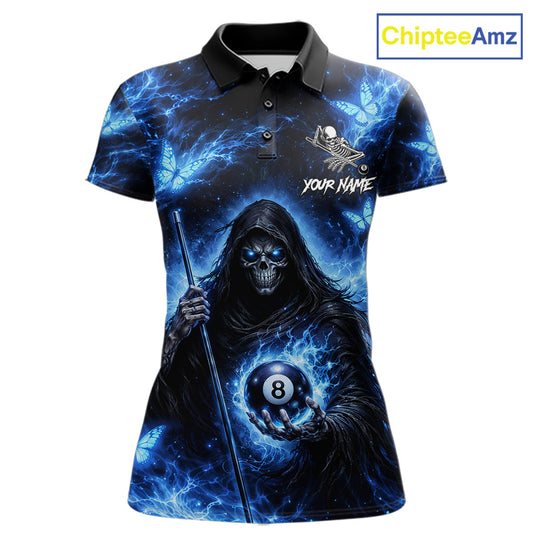Blue Grim Reaper Butterfly Billiard Shirt For Women Custom 8 Ball Pool Team Jersey Polo & 1/4 Zip TDM6299