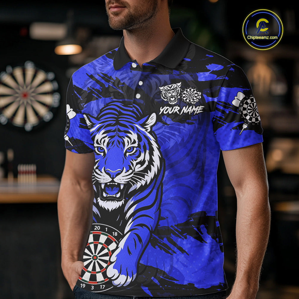 Personalized Blue Dartboard Tiger Darts Shirt For Men Custom Darts Jersey Team Polo & 1/4 Zip TDM7186