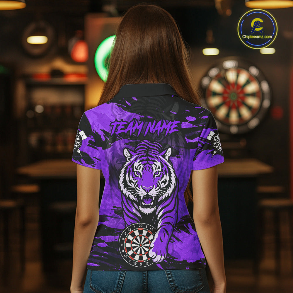 Personalized Purple Dartboard Tiger Darts Shirt For Women Custom Darts Jersey Team Polo & 1/4 Zip TDM7187