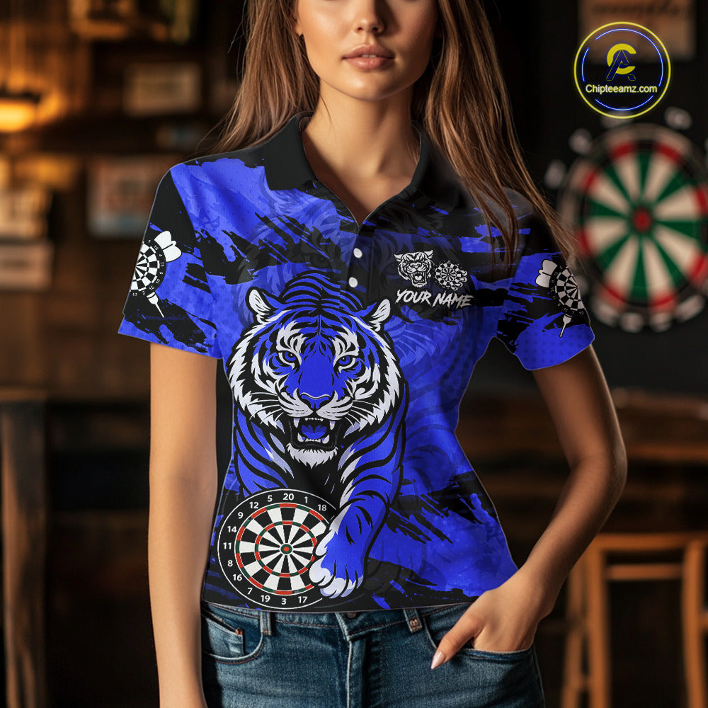 Personalized Blue Dartboard Tiger Darts Shirt For Women Custom Darts Jersey Team Polo & 1/4 Zip TDM7186