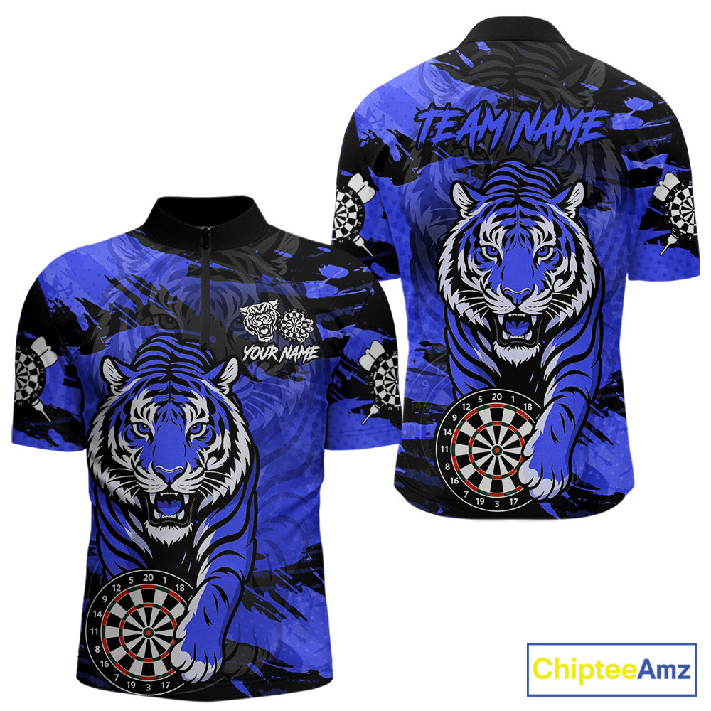 Personalized Blue Dartboard Tiger Darts Shirt For Men Custom Darts Jersey Team Polo & 1/4 Zip TDM7186