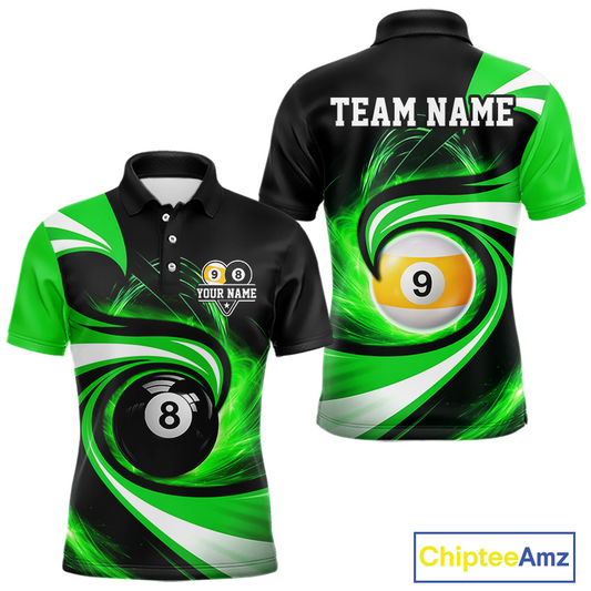 Black and green 8 ball and 9 ball pool billiard team jersey polo shirt for men featuring bold black and green graphics, premium custom pool league apparel for tournaments, league competition and team events.