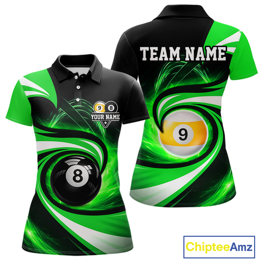Black and green 8 ball and 9 ball pool billiard team jersey polo shirt for women featuring bold black and green graphics, premium custom pool league apparel for tournaments, league competition and team events.