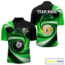 Load image into Gallery viewer, Black and green 8 ball and 9 ball pool billiard team jersey quarter zip shirt for men featuring premium black and green artwork, custom billiard league apparel for competitive players.