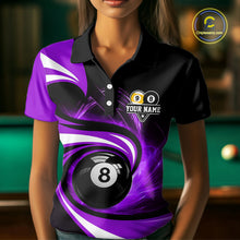 Load image into Gallery viewer, Woman wearing black and purple 8 ball and 9 ball pool billiard team jersey polo shirt featuring bold black and purple graphics, front view.