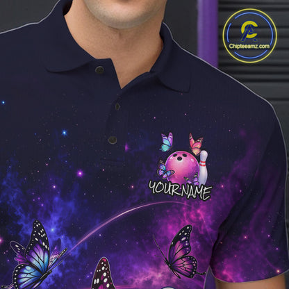 Pink And Purple Butterfly Bowling Shirt For Men Custom Glowing Bowling Jersey Polo & 1/4 Zip TDM6320