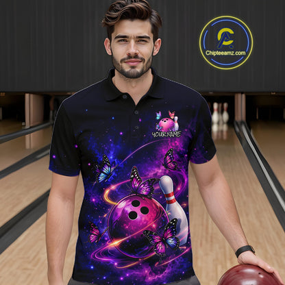 Pink And Purple Butterfly Bowling Shirt For Men Custom Glowing Bowling Jersey Polo & 1/4 Zip TDM6320
