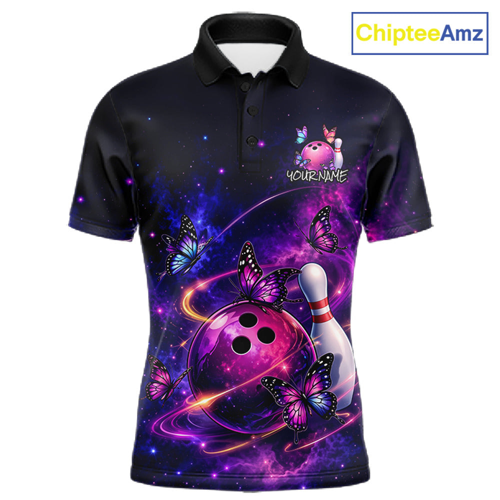 Pink And Purple Butterfly Bowling Shirt For Men Custom Glowing Bowling Jersey Polo & 1/4 Zip TDM6320