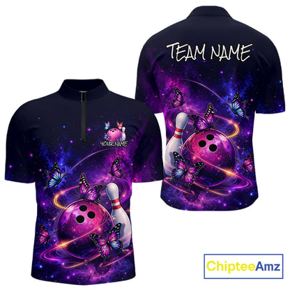 Pink And Purple Butterfly Bowling Shirt For Men Custom Glowing Bowling Jersey Polo & 1/4 Zip TDM6320