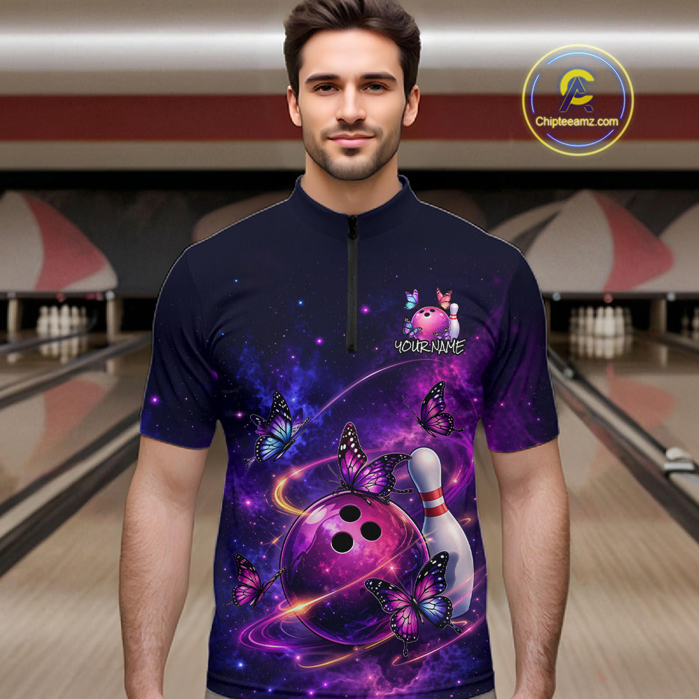 Pink And Purple Butterfly Bowling Shirt For Men Custom Glowing Bowling Jersey Polo & 1/4 Zip TDM6320