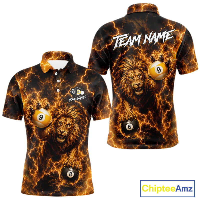 Custom yellow lightning lion 8 ball and 9 ball billiard pool team jersey polo shirt for men featuring a powerful lion with yellow lightning artwork, premium custom pool league apparel for tournaments and competitive billiard players.