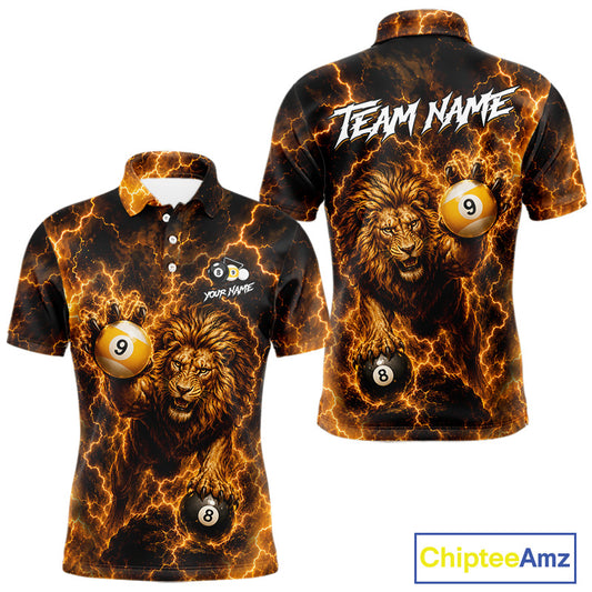 Custom yellow lightning lion 8 ball and 9 ball billiard pool team jersey polo shirt for men featuring a powerful lion with yellow lightning artwork, premium custom pool league apparel for tournaments and competitive billiard players.