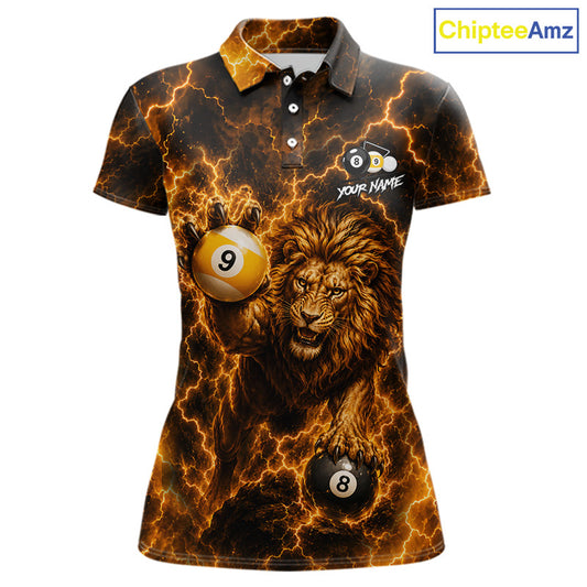 Custom yellow lightning lion 8 ball and 9 ball billiard pool team jersey polo shirt for women featuring a powerful lion with yellow lightning artwork, premium custom pool league apparel for tournaments and competitive billiard players.
