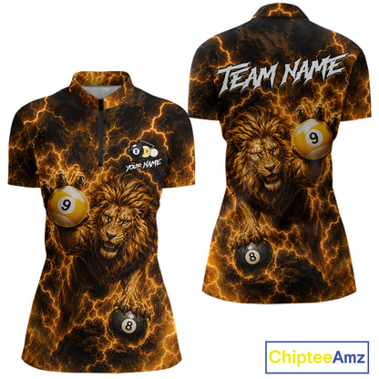Custom yellow lightning lion 8 ball and 9 ball billiard pool team jersey quarter zip shirt for women featuring fierce lion graphics with yellow lightning artwork, premium custom billiard league apparel.