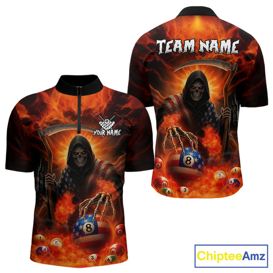Orange Fire Flame US Flag Grim Reaper Men's Billiards Shirts Custom 8 Ball Pool Team Jersey TDM5200