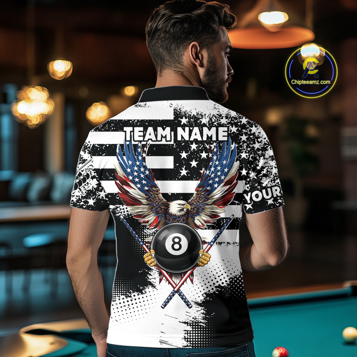 Custom Eagle American Flag 8 Ball Billiard Shirt For Men, Grunge Pool Team Jersey Polo & 1/4 Zip TDM5718