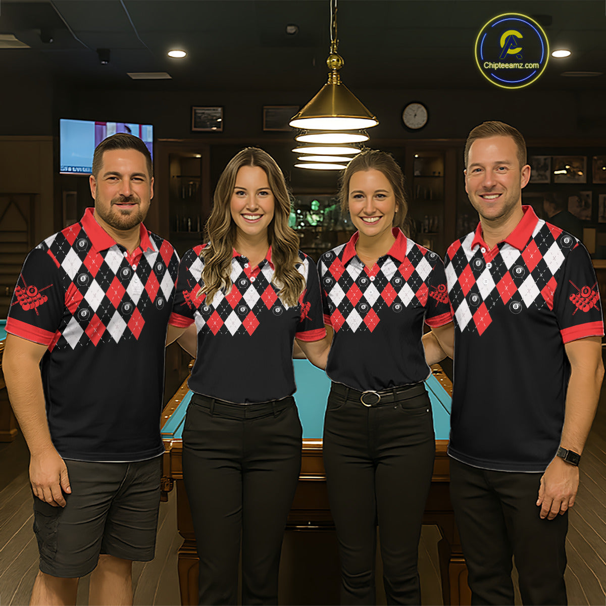 Personalized 8 Ball Pool Skull Argyle Pattern Men's Billiard Shirts, Billiard Team Jersey |Red TDM5719