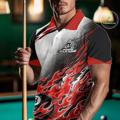 Red Flaming 8 Ball Billiard Jersey Custom Men's Billiard Polo & Quarter Zip, Pool Team Jersey TDM5726